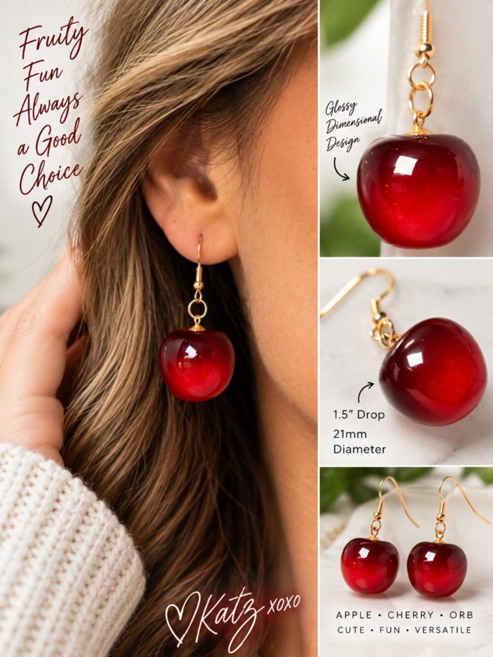 Red Apple Orb Dangle Earrings Glossy Cherry Fruit Teacher Glam Statement Jewelry